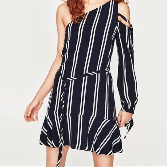 Zara Blue White Navy Striped One Shoulder Night Out Dress Size XS - Picture 1 of 15